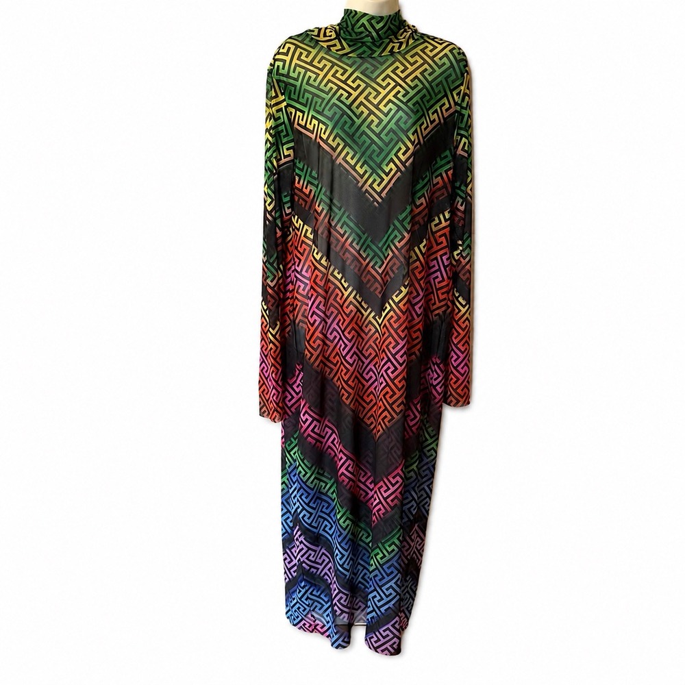 AFRM Shailene Revolve Mesh Maxi Dress 3X Rainbow GreekKey Mock Neck Long Sleeve